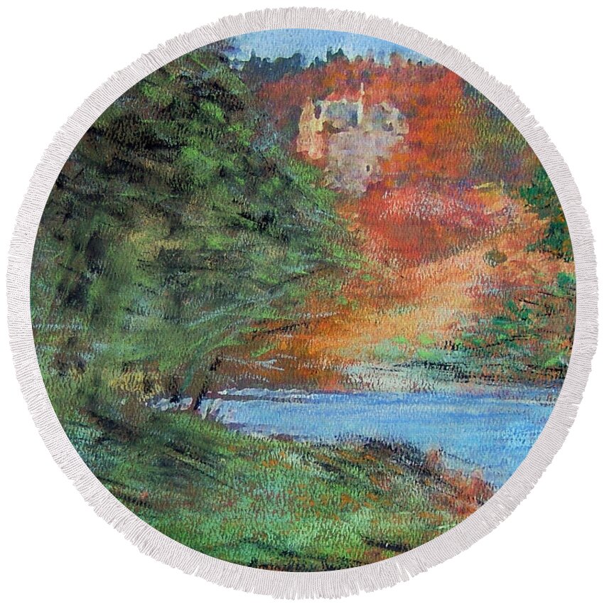  Landscape Round Beach Towel featuring the painting Bend in the River, Neidpath Castle, PEEBLES by Richard James Digance