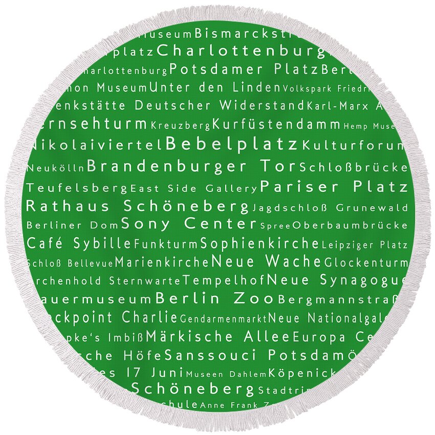 City Round Beach Towel featuring the digital art Berlin in Words Green by Sabine Jacobs