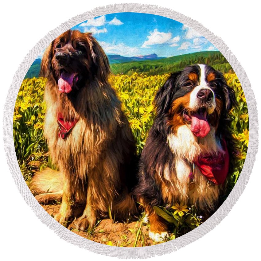 Bernese Mountain Dog Round Beach Towel featuring the painting Bernese Mountain Dog and Leonberger Among Wildflowers by Gary Whitton