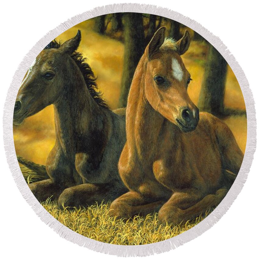Foal Round Beach Towel featuring the painting Best Friends by Crista Forest
