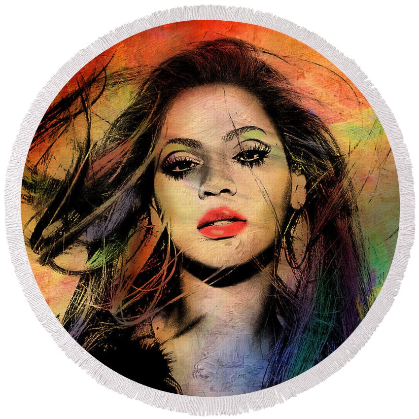 Beyonce Round Beach Towel featuring the painting Beyonce by Mark Ashkenazi