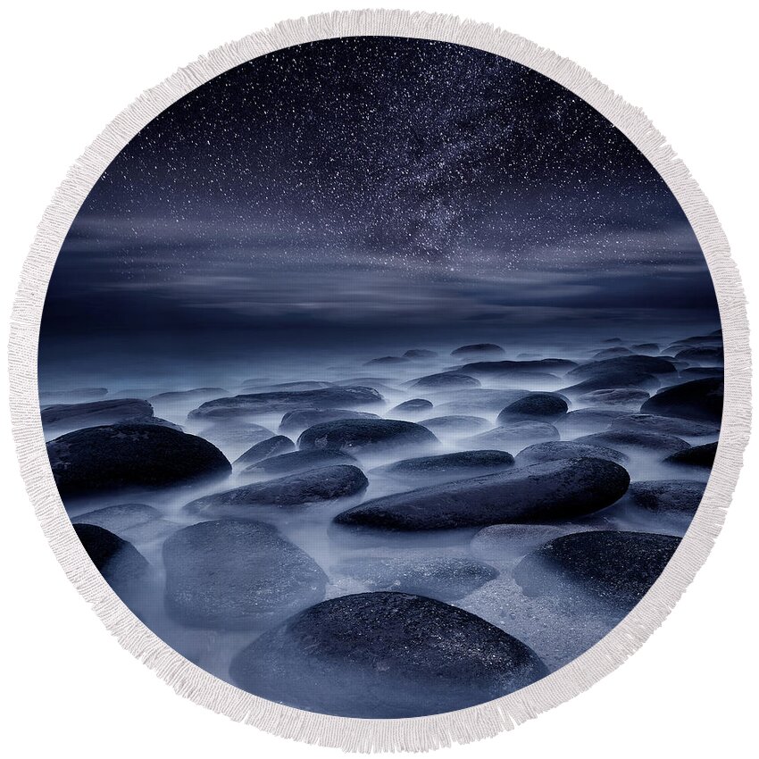 Night Beach Stars Portugal Waterscape Mood Ocean Scenic Landscape Sea Rocks Water Seascape Clouds Blue Longexposure Nature Europe European Milky Way Round Beach Towel featuring the photograph Beyond our Imagination by Jorge Maia