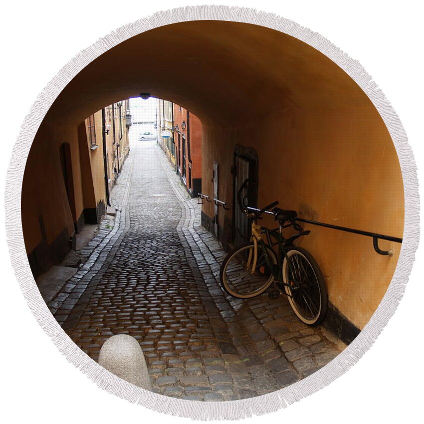 Bicycle Round Beach Towel featuring the photograph Bicycle in Tunnel by Robin Pedrero