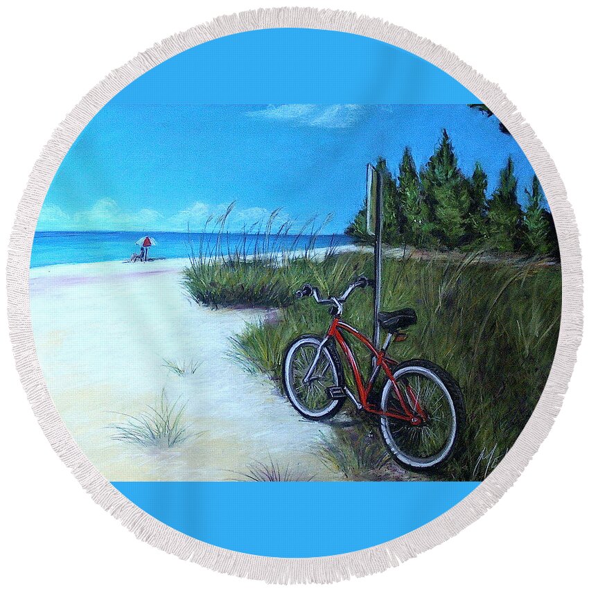 Bicycle Round Beach Towel featuring the painting Bicycle on Sanibel Beach by Melinda Saminski