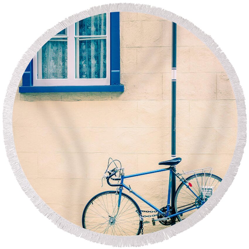 Street Round Beach Towel featuring the photograph Bicycle on the streets of Old Quebec City by Edward Fielding