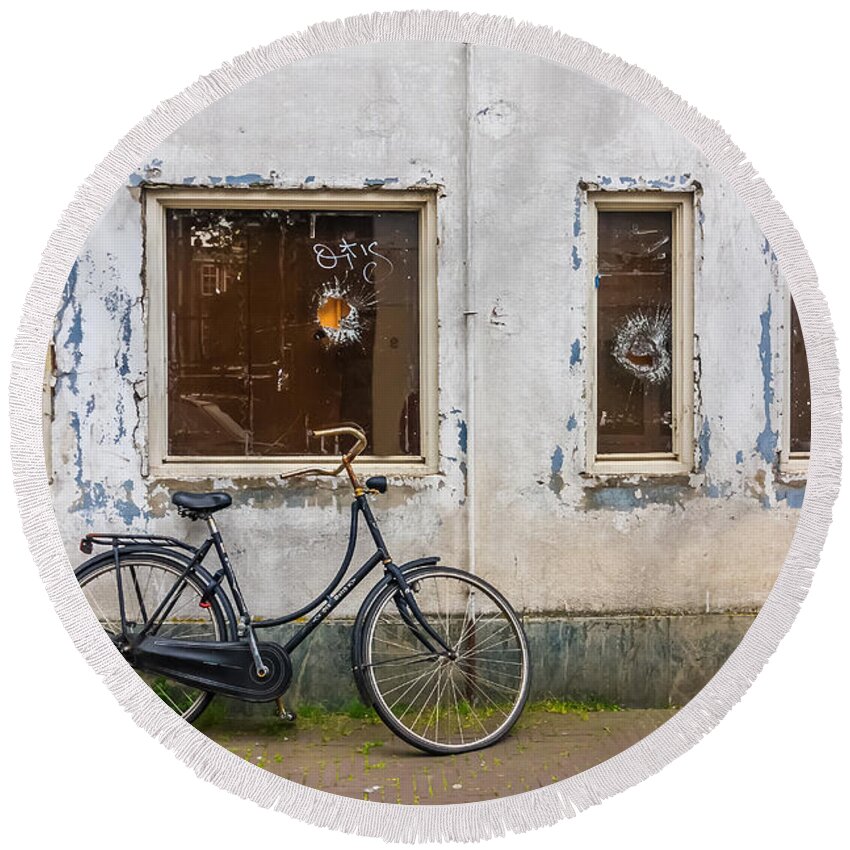 Architecture Round Beach Towel featuring the photograph Bicycle by Sue Leonard