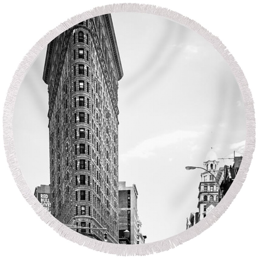 Nyc Round Beach Towel featuring the photograph Big In The Big Apple - Bw by Hannes Cmarits