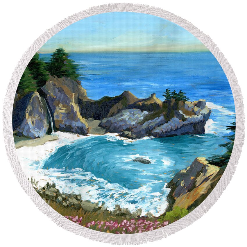 Seascape Round Beach Towel featuring the painting Big Sur Waterfall by Alice Leggett