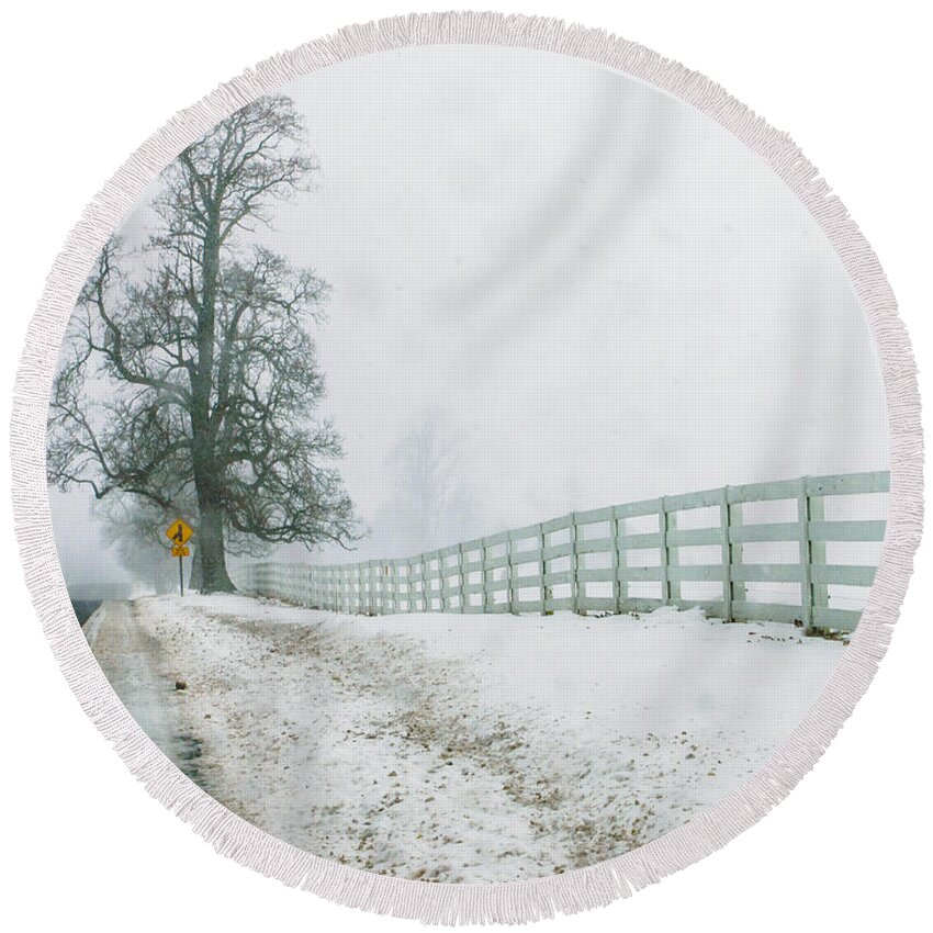 Nature Round Beach Towel featuring the photograph Big Tree in Snow Storm by Louis Dallara