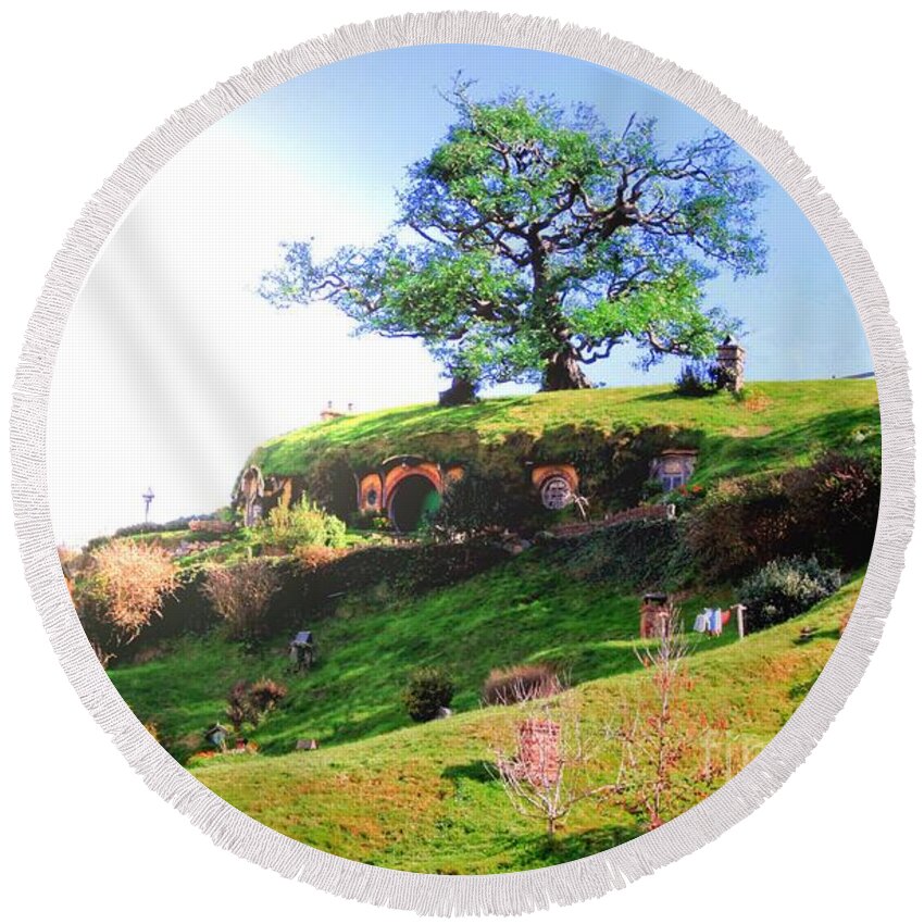 Hobbit Round Beach Towel featuring the photograph Bilbo's Tree in the sunlight by HELGE Art Gallery