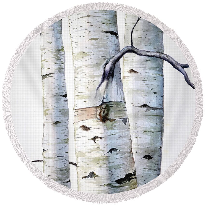 Birch Round Beach Towel featuring the painting Birch Trees in watercolor by Christopher Shellhammer