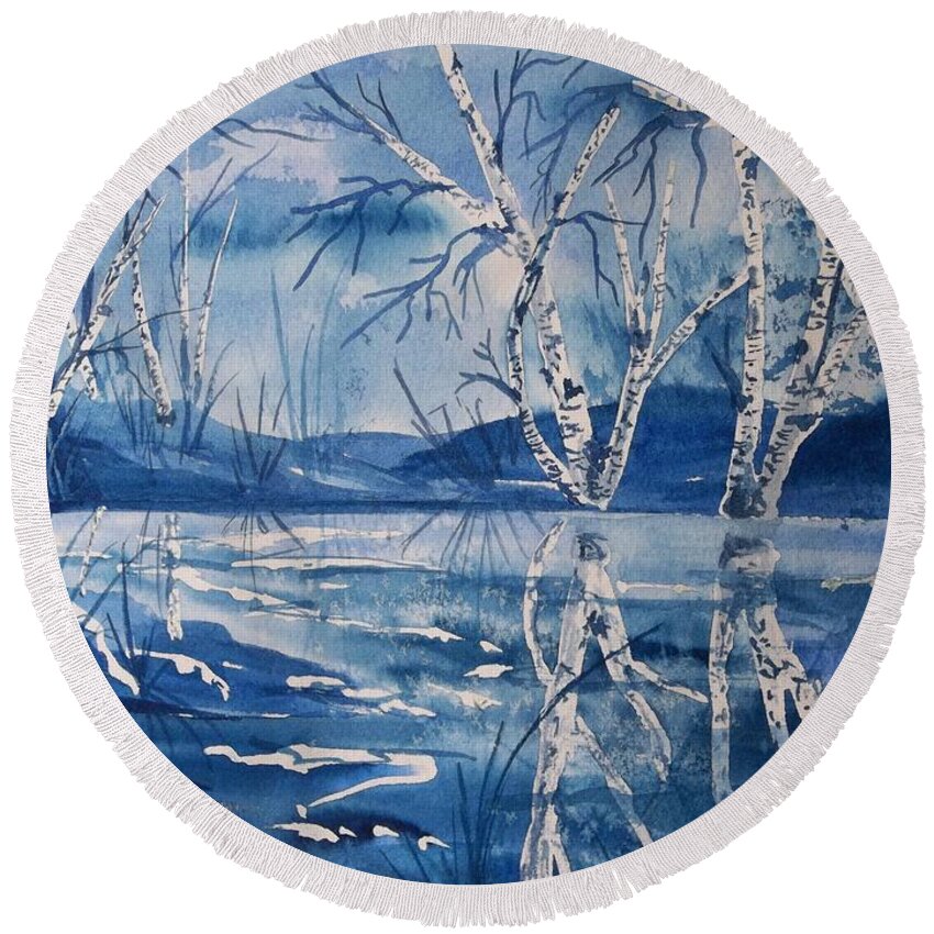 Birch Trees Round Beach Towel featuring the painting Birches in Blue by Ellen Levinson