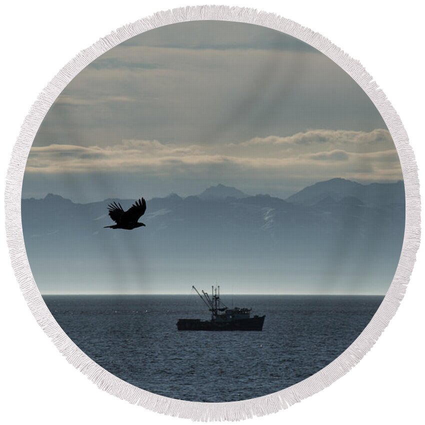  Round Beach Towel featuring the photograph Bird Boat and Mountains by David Arment