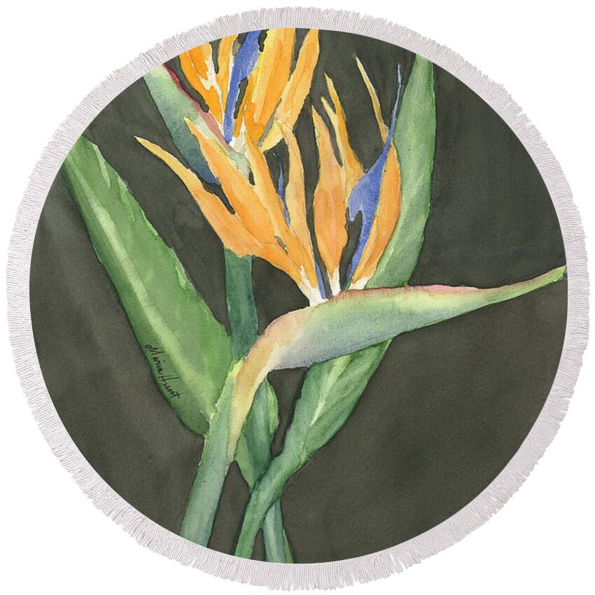 Bird Of Paradise Flowers On Black Background. Simple But Elegant Flowers. Orange And Blue Flowers Round Beach Towel featuring the painting Bird of Paradise by Maria Hunt
