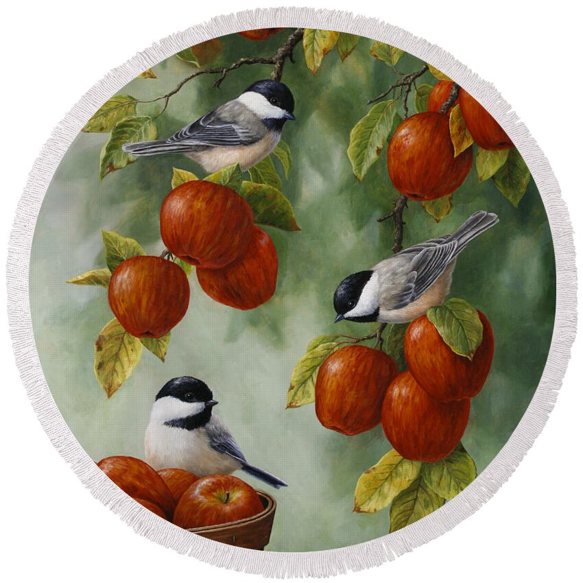 Birds Round Beach Towel featuring the painting Bird Painting - Apple Harvest Chickadees by Crista Forest