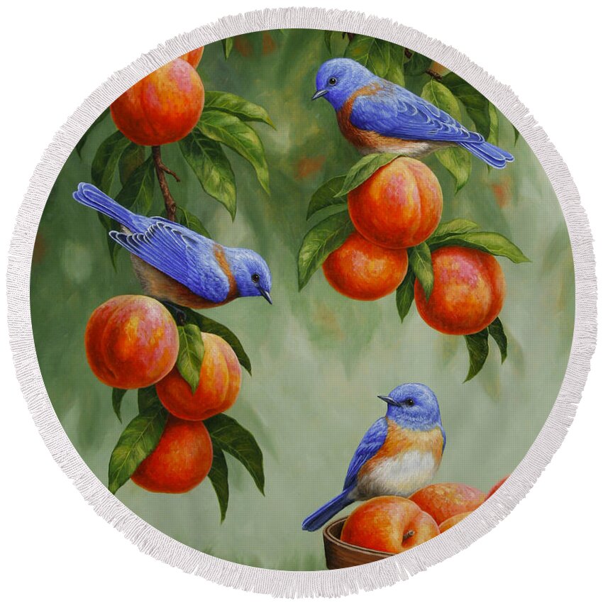 Birds Round Beach Towel featuring the painting Bird Painting - Bluebirds and Peaches by Crista Forest