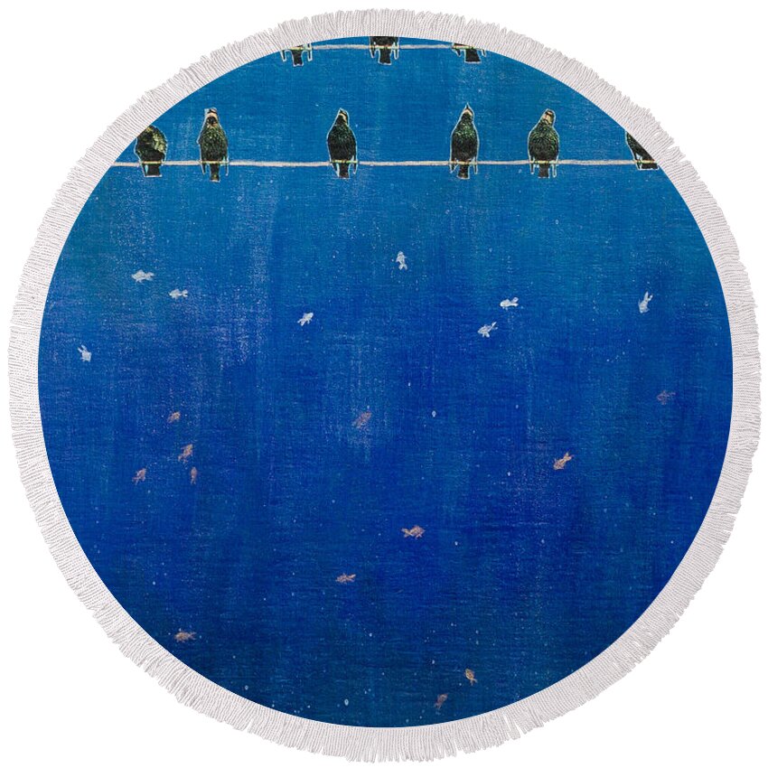  Round Beach Towel featuring the painting Birds and Fish by Stefanie Forck
