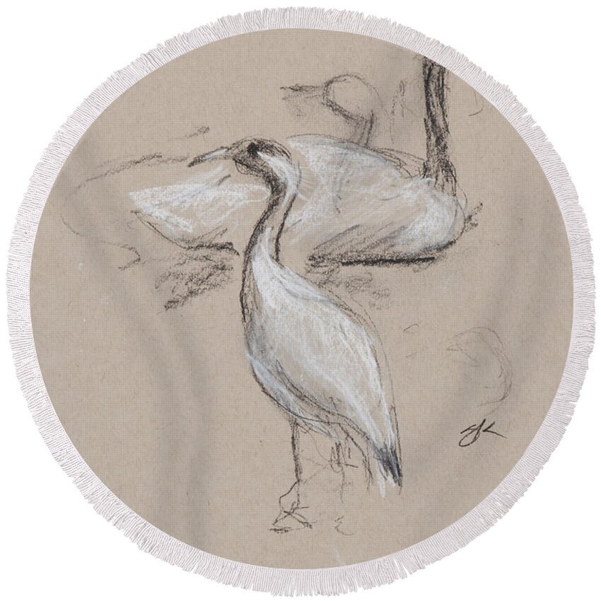  Round Beach Towel featuring the drawing Birds Charcoal Study by Greg Kopriva