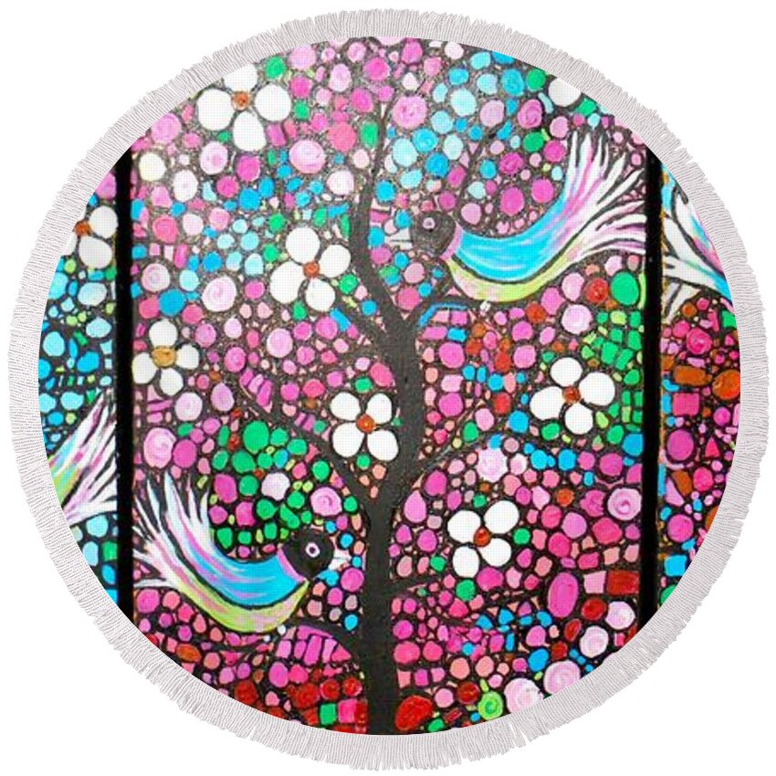 Landscape Round Beach Towel featuring the painting Birds in The Summer Breeze by Shirley Smith