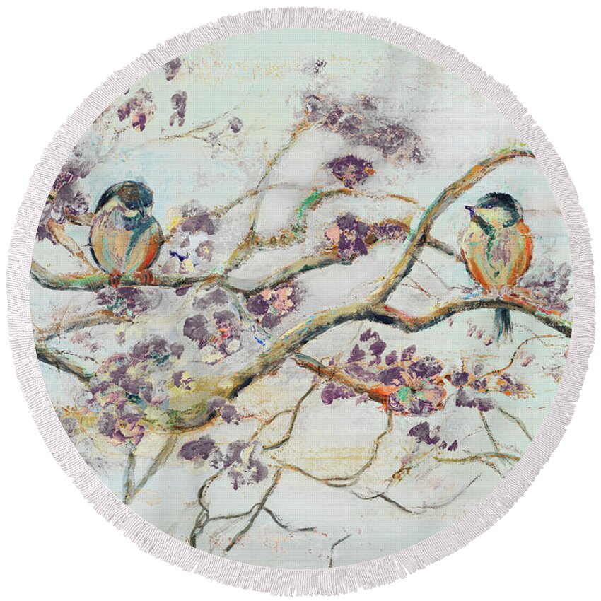 Birds Round Beach Towel featuring the painting Birds On Cherry Blossom Branch by Patricia Pinto