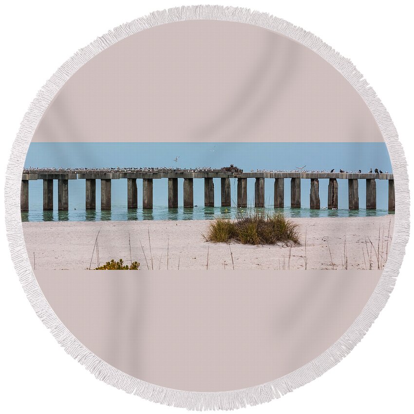 Beach Round Beach Towel featuring the photograph Birds Only Pier by Ed Gleichman