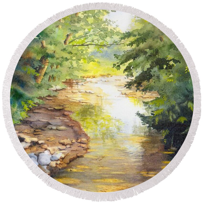 Creek Round Beach Towel featuring the painting Bird's Trail Creek by Brenda Beck Fisher