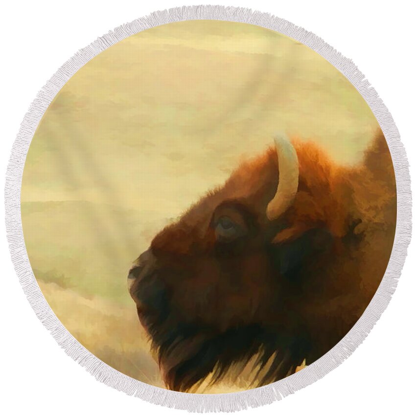Bison Round Beach Towel featuring the photograph Bison or Buffalo in South Dakota by Cathy Anderson