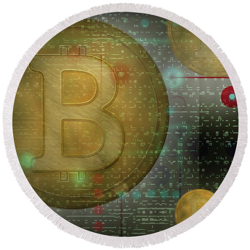 Abstract Round Beach Towel featuring the photograph Bitcoins Connected By Computer Coding by Ikon Ikon Images