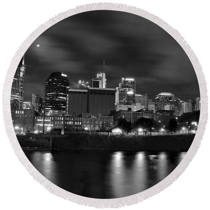 Nashville Round Beach Towel featuring the photograph Black and White Night in Nashville by Frozen in Time Fine Art Photography
