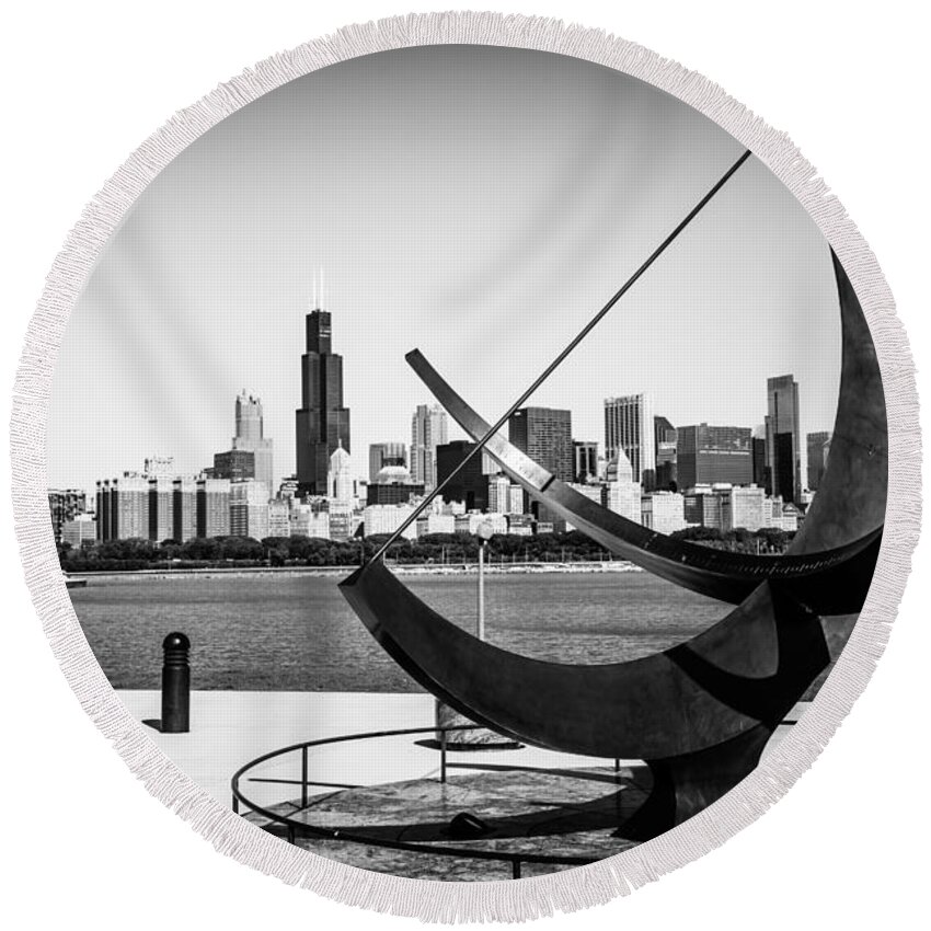 Adler Round Beach Towel featuring the photograph Black and White Picture of Adler Planetarium Sundial by Paul Velgos