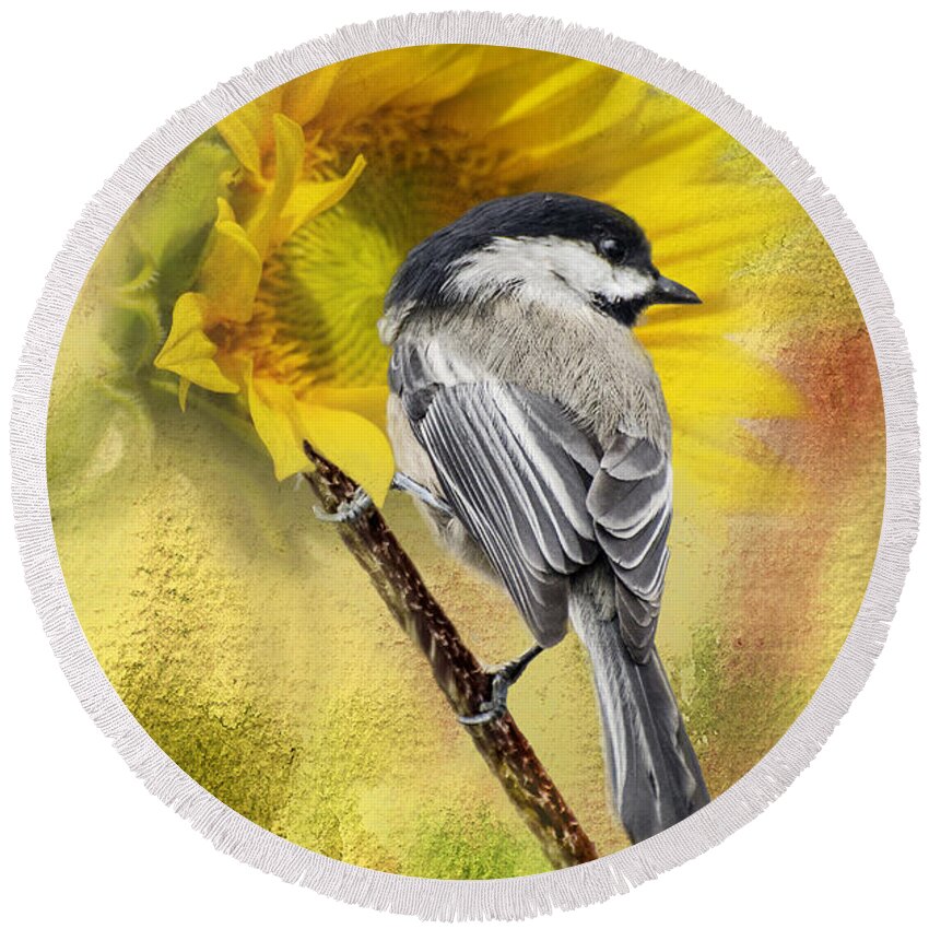 Bird Round Beach Towel featuring the photograph Black Capped Chickadee Checking Out The Sunflowers by Diane Schuster