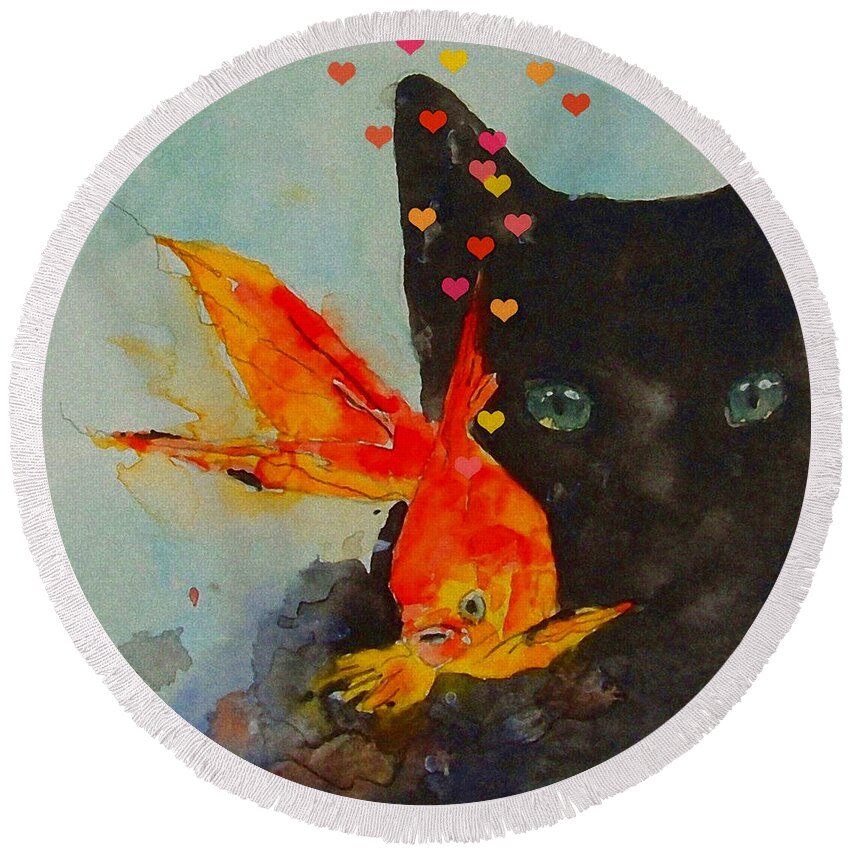 Black Cat Round Beach Towel featuring the painting Black Cat and the Goldfish by Paul Lovering