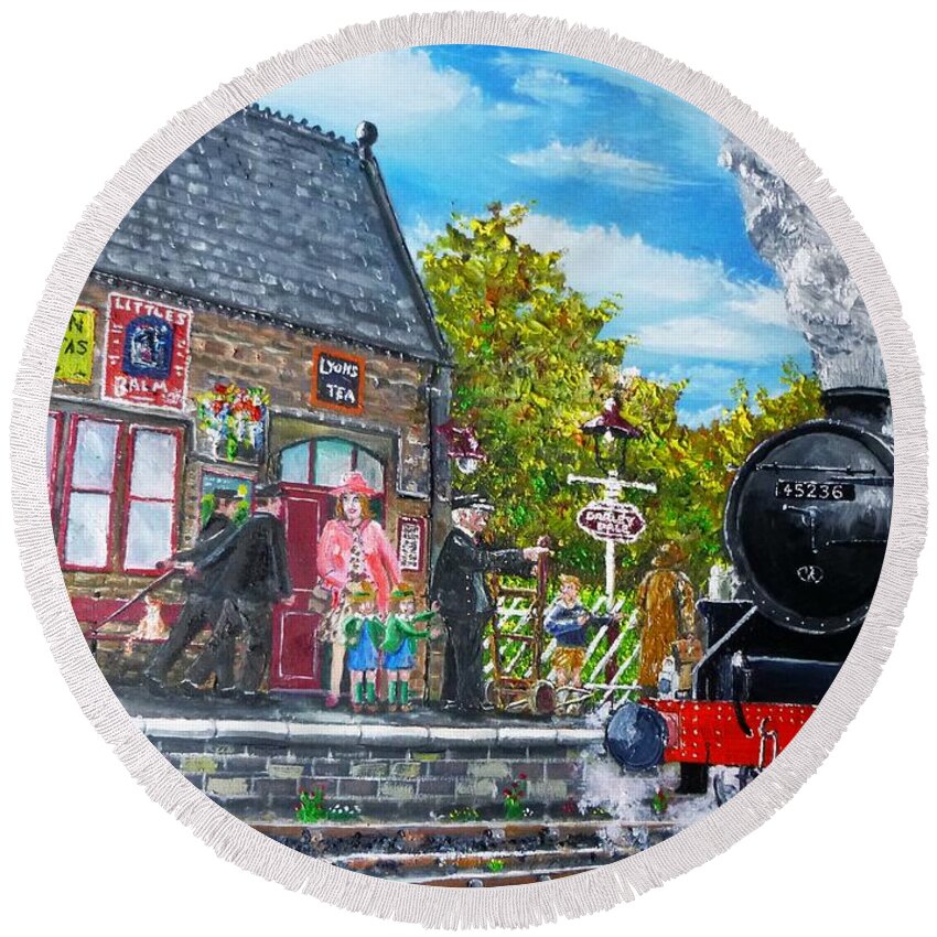 Black Round Beach Towel featuring the painting Black Five at Darley Dale by Asa Jones