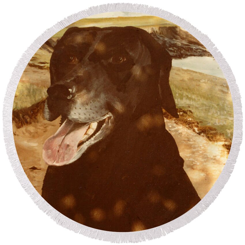 Labrador Round Beach Towel featuring the painting Black Labrador in the shade of a tree by Mackenzie Moulton