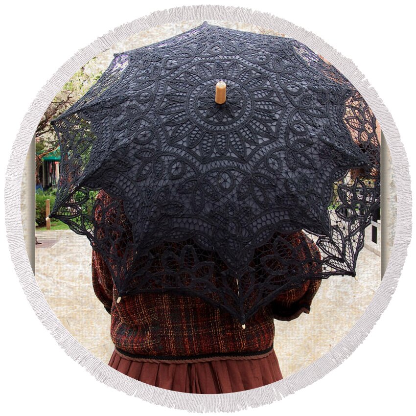 Parasol Round Beach Towel featuring the photograph Black Lace Parasol by Kae Cheatham