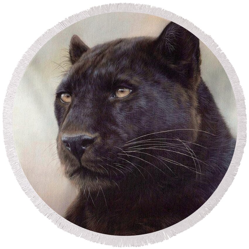Black Leopard Round Beach Towel featuring the painting Black Leopard Painting by Rachel Stribbling