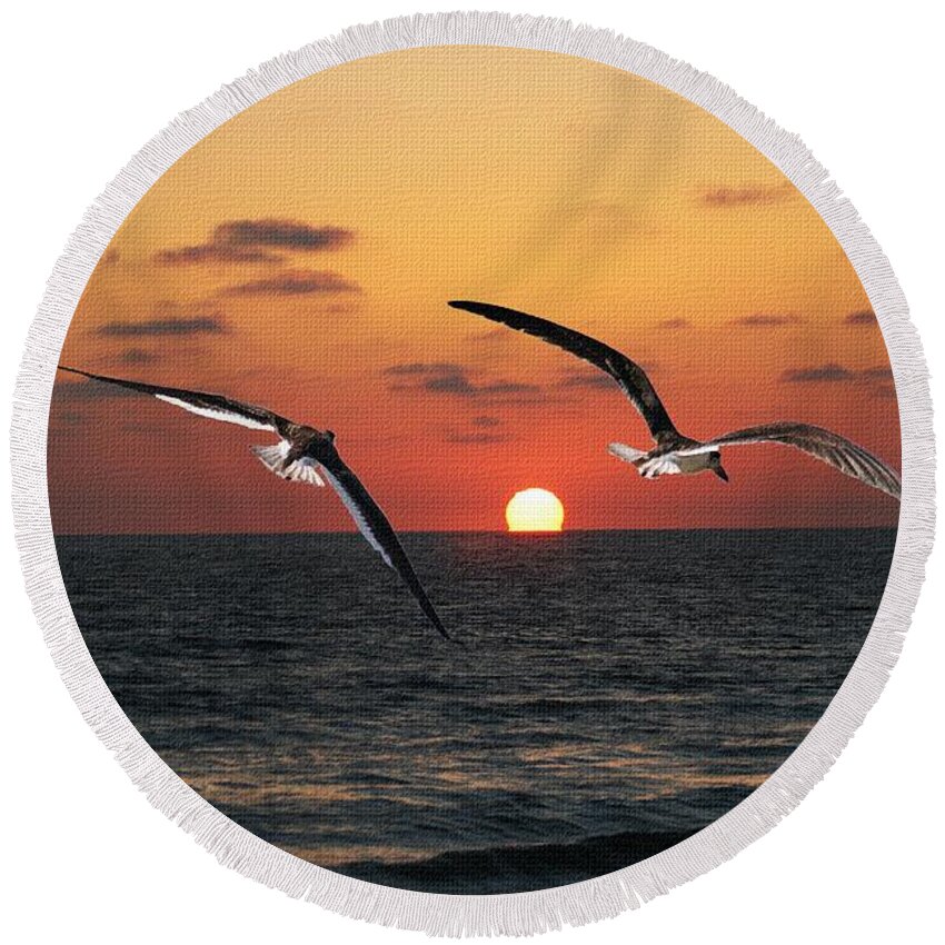 Black Skimmers Round Beach Towel featuring the photograph Black Skimmers At Sunset by Tom Janca