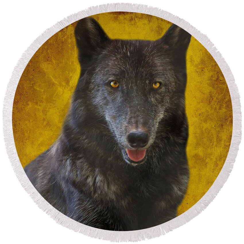 Black Wolf Round Beach Towel featuring the photograph Black Wolf by Sandy Keeton