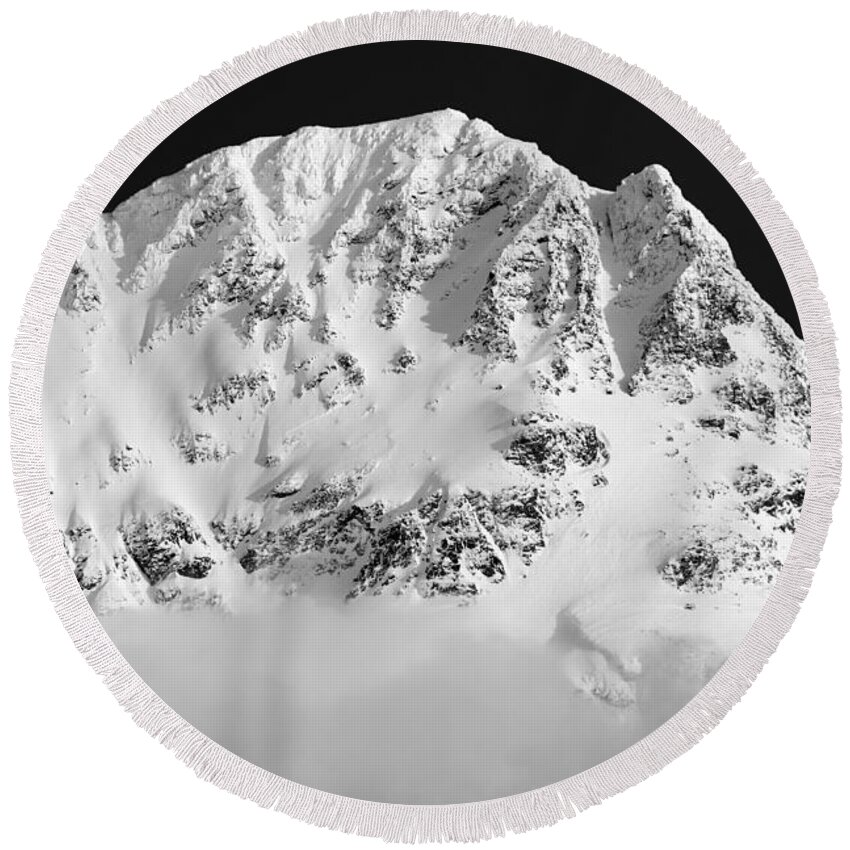 Whistler Round Beach Towel featuring the photograph Blackcomb above the clouds in Black and White by Pierre Leclerc Photography