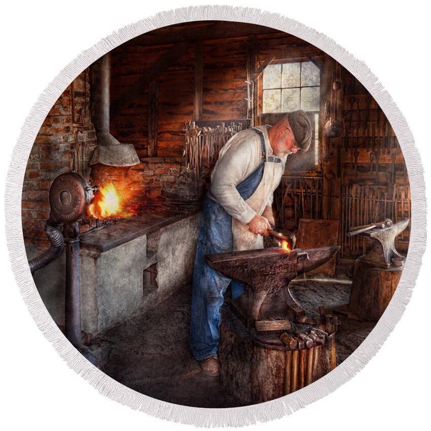 Blacksmith Round Beach Towel featuring the photograph Blacksmith - The Smith by Mike Savad