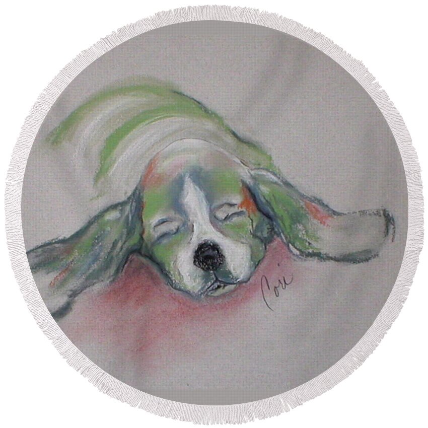 Basset Hound Round Beach Towel featuring the drawing Blissful Dreams III by Cori Solomon