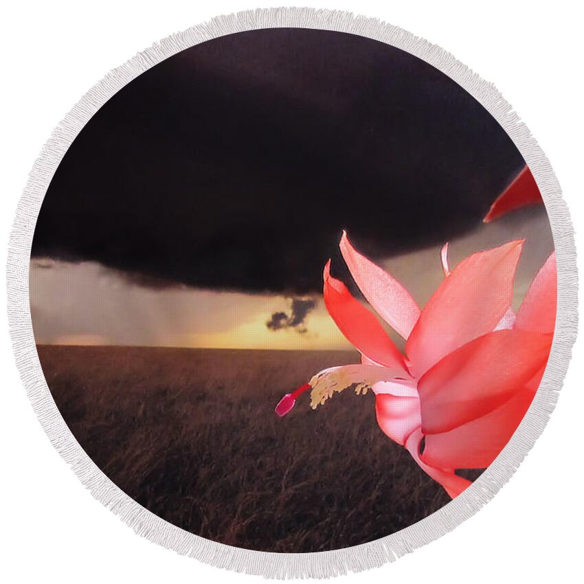 Christmas Round Beach Towel featuring the photograph Blooms Against Tornado by KATIE Vigil