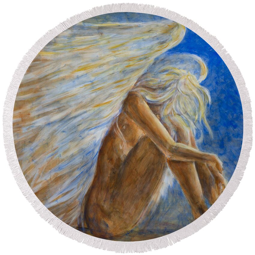 Angel Round Beach Towel featuring the painting Blu Angel by Nik Helbig