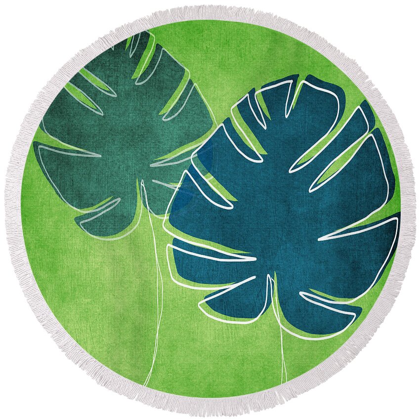 Palm Tree Round Beach Towel featuring the painting Blue and Green Palm Leaves by Linda Woods