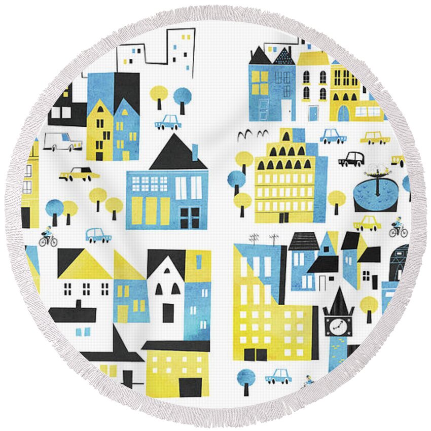 20-25 Round Beach Towel featuring the photograph Blue And Yellow Buildings In Cityscape by Ikon Ikon Images
