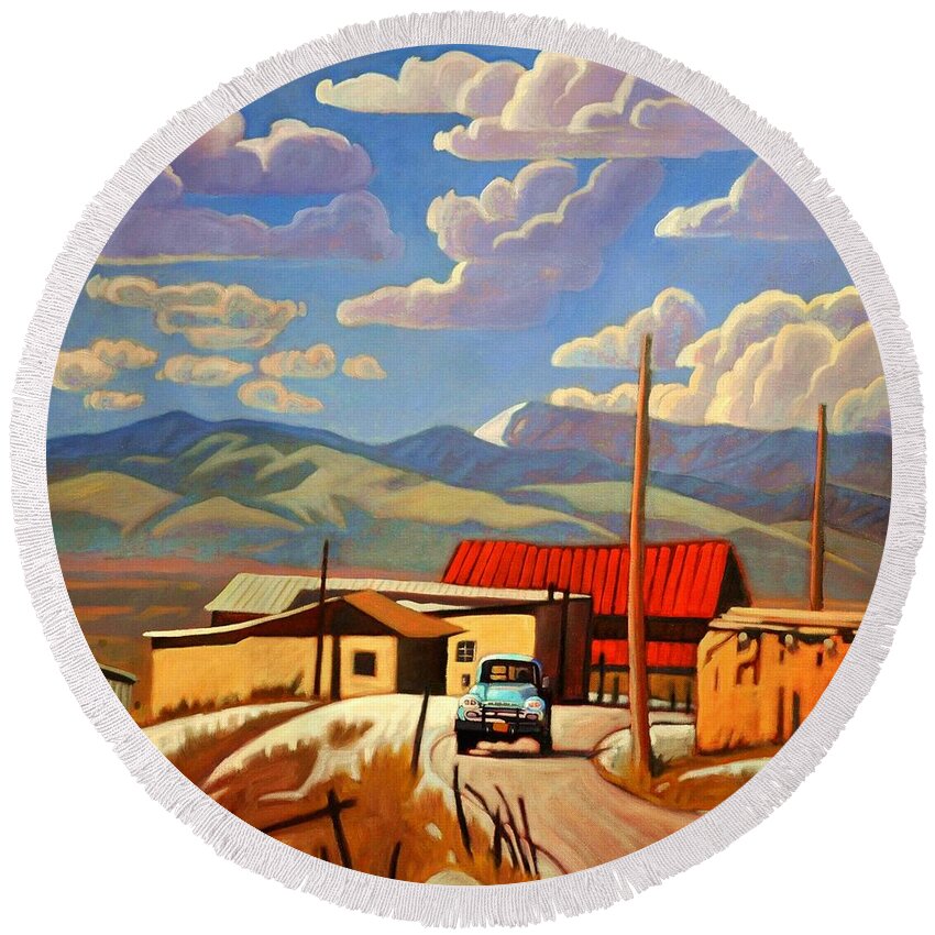 Chevy Round Beach Towel featuring the painting Blue Apache by Art West