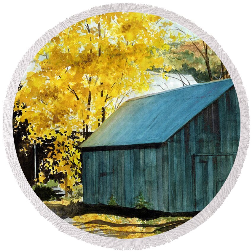 Blue Barn Round Beach Towel featuring the painting Blue Barn by Barbara Jewell