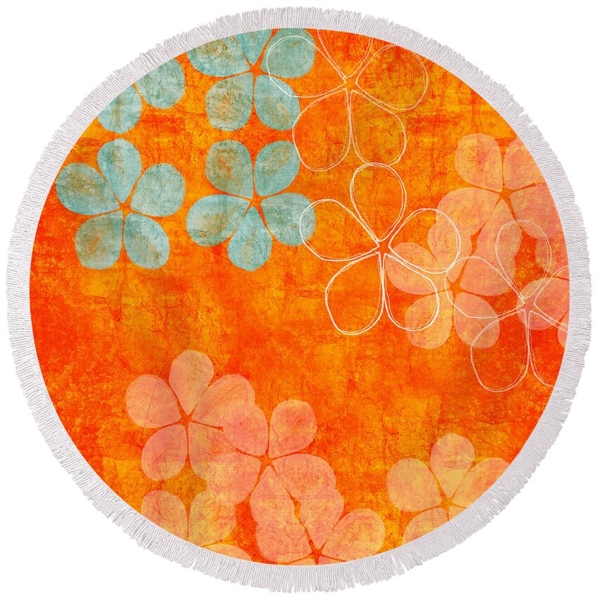 Abstract Round Beach Towel featuring the painting Blue Blossom on Orange by Linda Woods