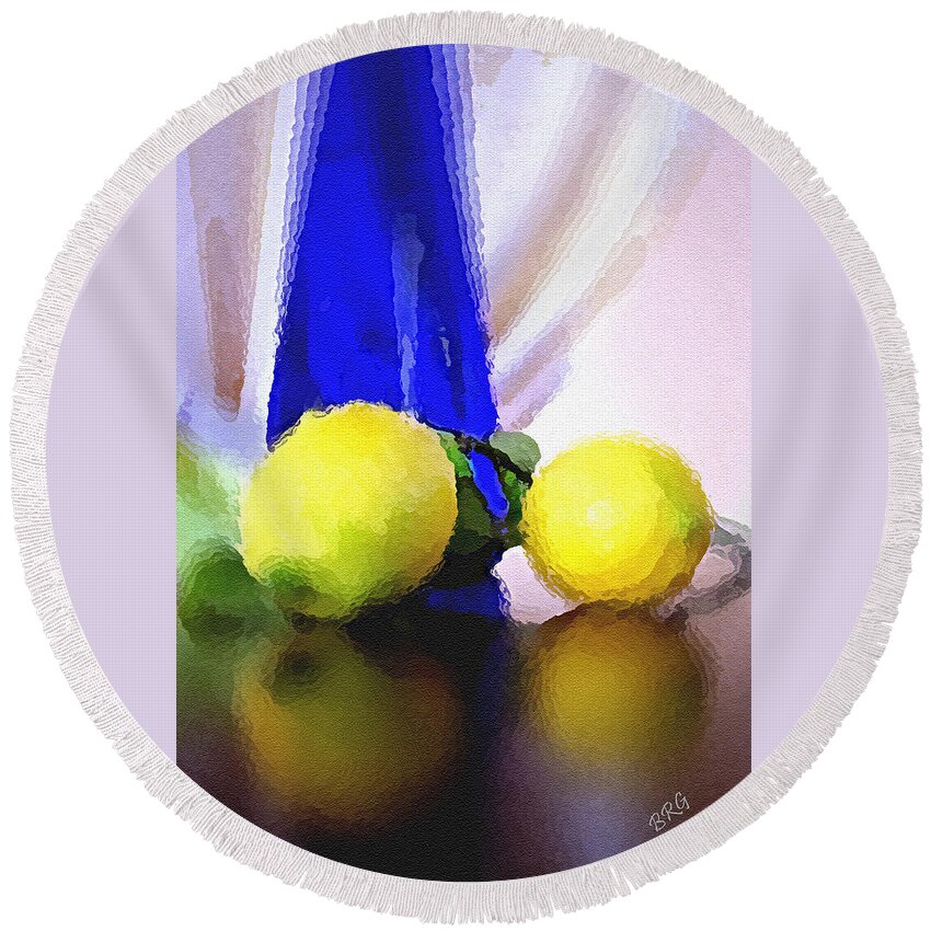 Still Life Round Beach Towel featuring the photograph Blue Bottle And Lemons by Ben and Raisa Gertsberg