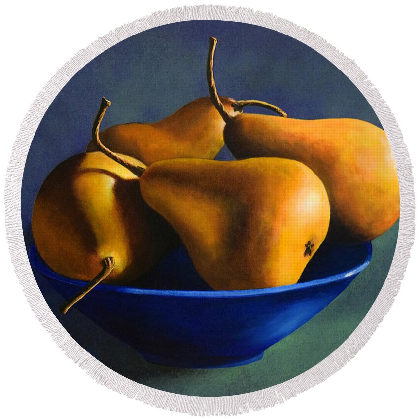 Still Life Round Beach Towel featuring the painting Blue Bowl With Four Pears by Frank Wilson